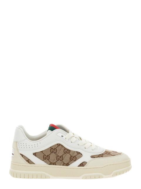 GUCCI Gucci Women White And Beige Low Top Sneakers With Web Detail In Leather And Gg Supreme Canvas Woman