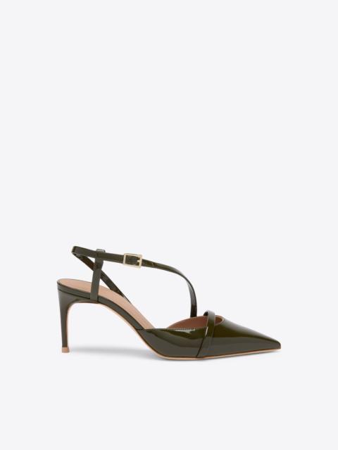 MALONE SOULIERS Valeria 70 Olive Patent Heeled Slingbacks