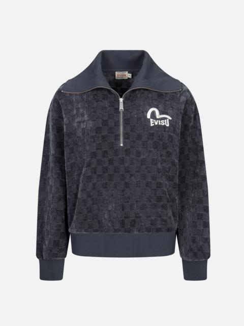 EVISU SEAGULL AND LOGO EMBROIDERY HALF-ZIP CROPPED SWEATSHIRT