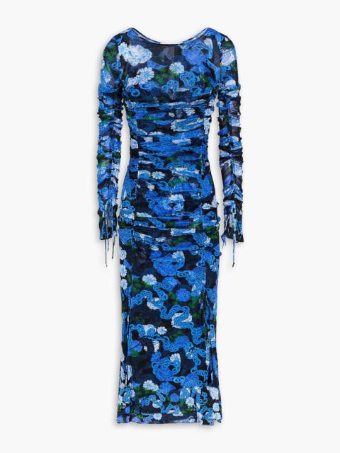 DIANE VON FURSTENBERG Corinne ruched printed stretch-mesh midi dress