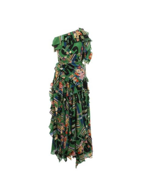 GUCCI Green Floral Check-Print Ruffled Silk Gown