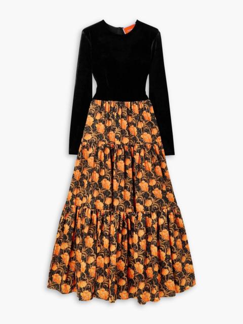 Other Designers Big velvet and floral-print twill maxi dress