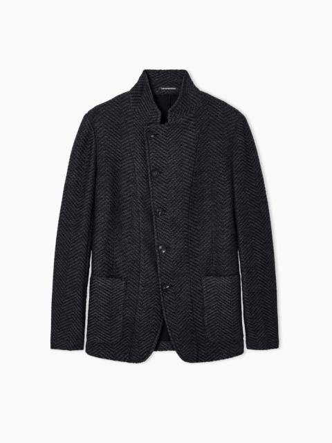 EMPORIO ARMANI ICON GURU-COLLAR JACKET WITH OFF-CENTRE FASTENING IN A CHEVRON WOOL KNIT