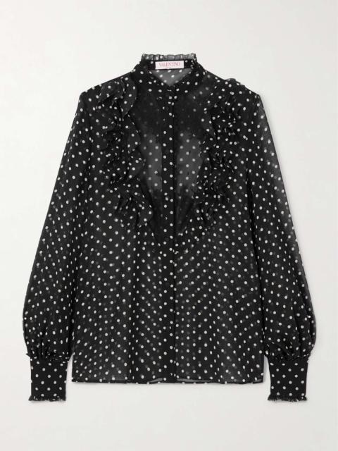 Ruffled lace-trimmed polka-dot silk-chiffon shirt Black