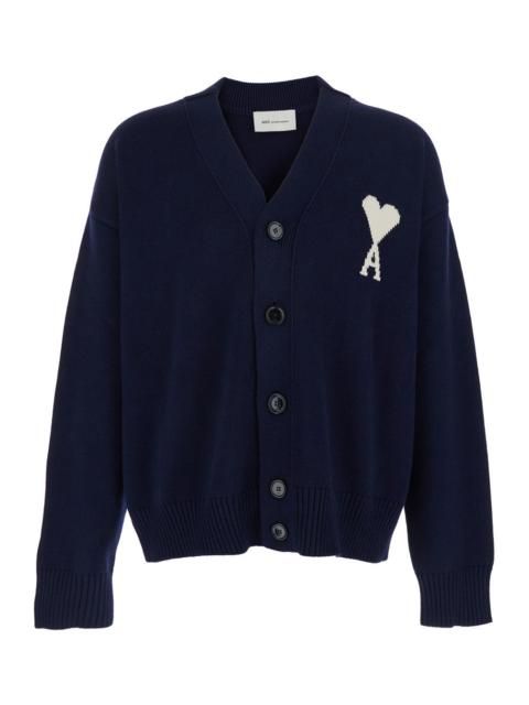 AMI Paris Ami Paris Men Blue V-Neck Cardigan With Logo On The Front In Wool And Cotton Blend Man