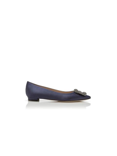 Manolo Blahnik Navy Satin Jewel Buckle Flat Shoes