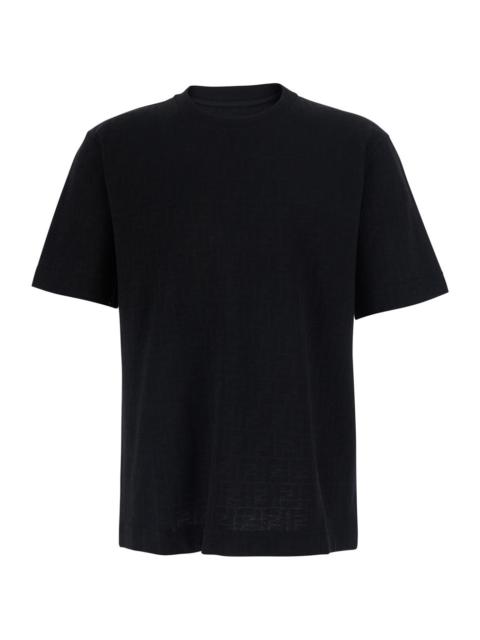 FENDI Fendi Men Black Crew Neck T-Shirt With All-Over Ff Motif In Cotton For Men