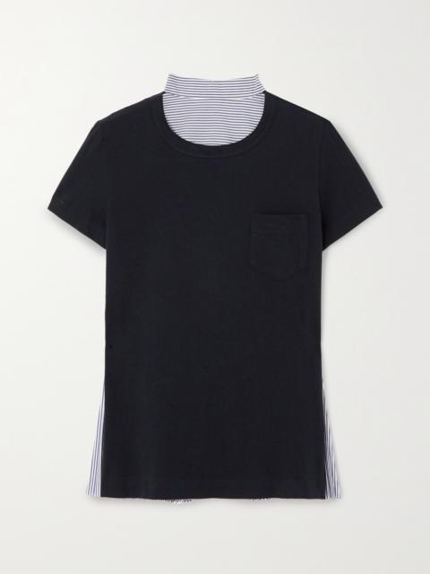 sacai Pleated Paneled Cotton-jersey And Striped Poplin T-shirt