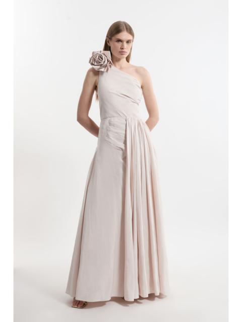 KAREN MILLEN Petite Taffeta Rosette Neck Tailored Pleat Gathered Maxi Dress