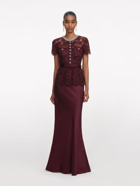 self-portrait Bordeaux Lace Satin Maxi Dress