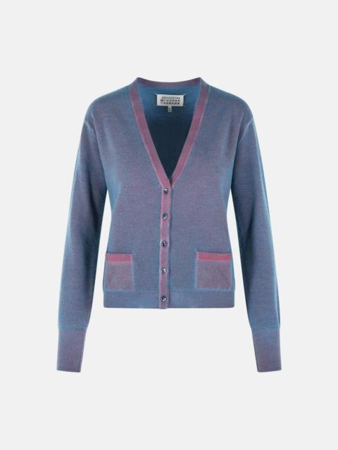 Maison Margiela VIRGIN WOOL CARDIGAN WITH LIGHT BLUE AND RED V-NECK