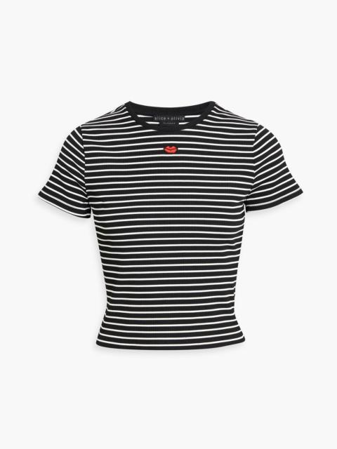 Alice + Olivia Cindy embroidered striped ribbed-knit T-shirt