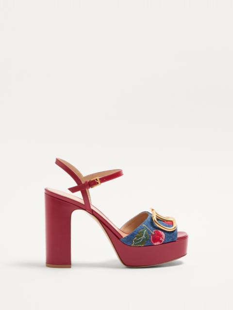 Valentino VLOGO SIGNATURE PLATFORM DENIM SANDAL WITH CHERRYFIC EMBROIDERY 115MM