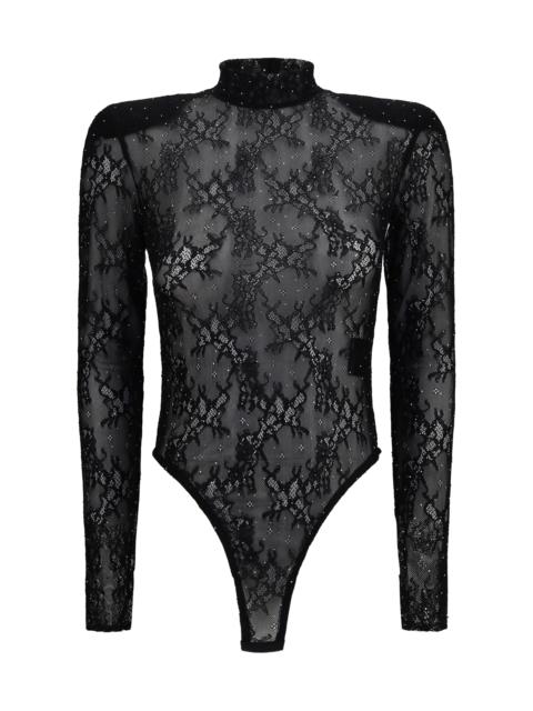 Other Designers Nissa Long-Sleeve Lace Rhinestone Bodysuit Black