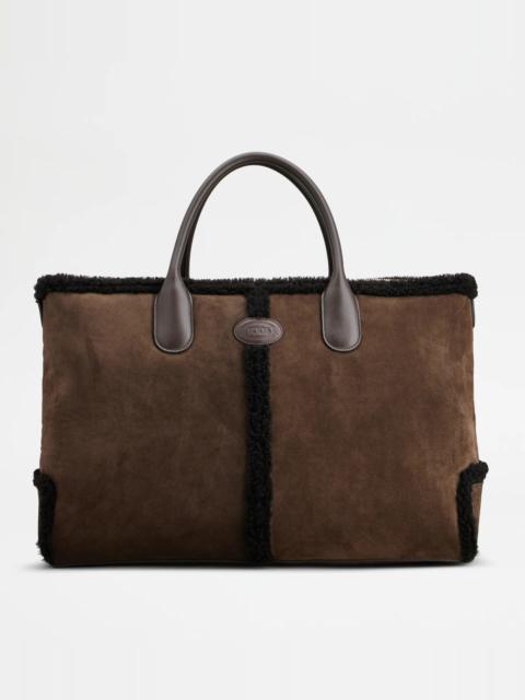 Tod's TOD'S DI BAG IN SUEDE AND SHEARLING LARGE - BROWN