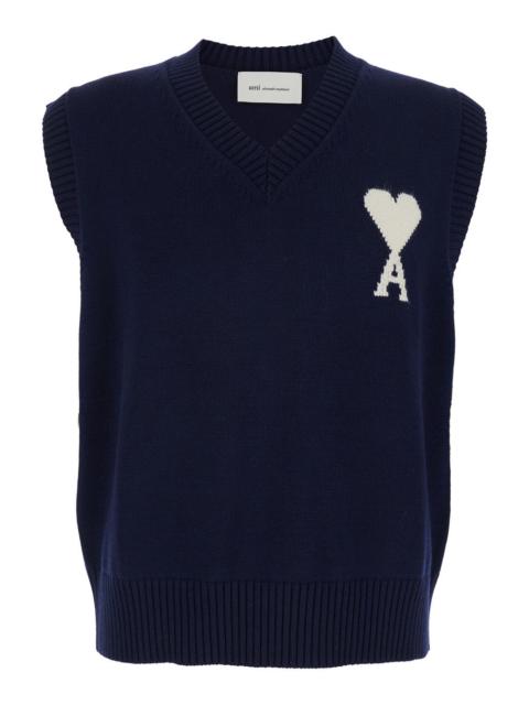 AMI Paris Ami Paris Men Blue V-Neck Vest With Logo On The Front In Wool And Cotton Blend Man