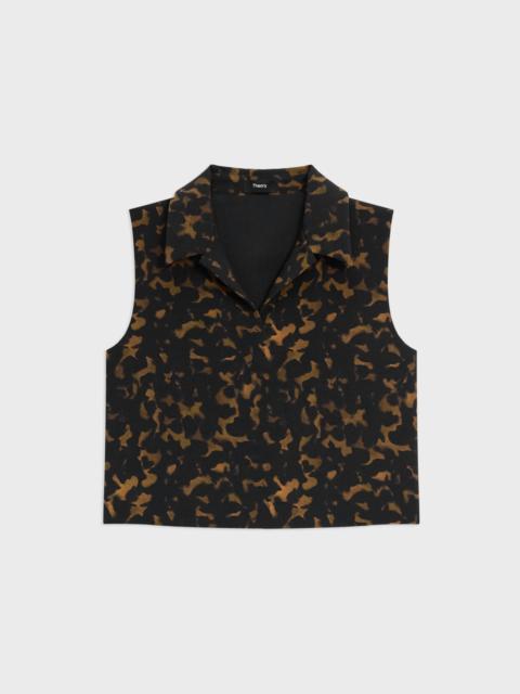 Theory Cropped Sleeveless Polo in Tortoiseshell Printed Crepe