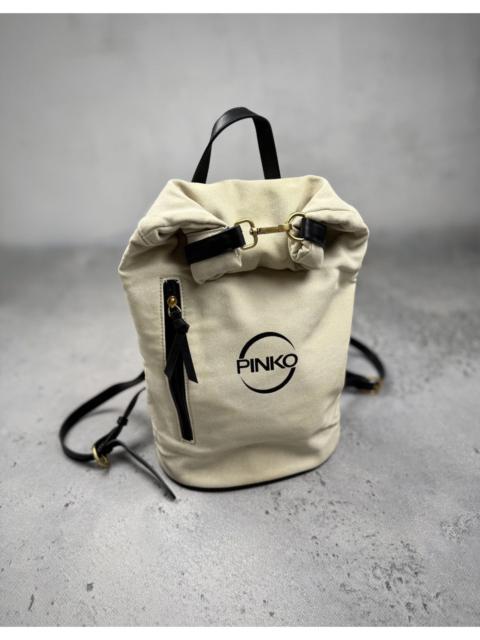 PINKO Pinko Beige Canvas Leather Roll Top Backpack Gold Hardware