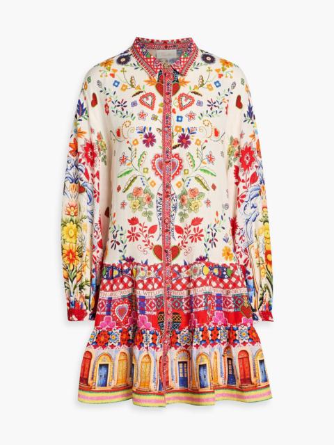 CAMILLA Crystal-embellished printed linen mini shirt dress