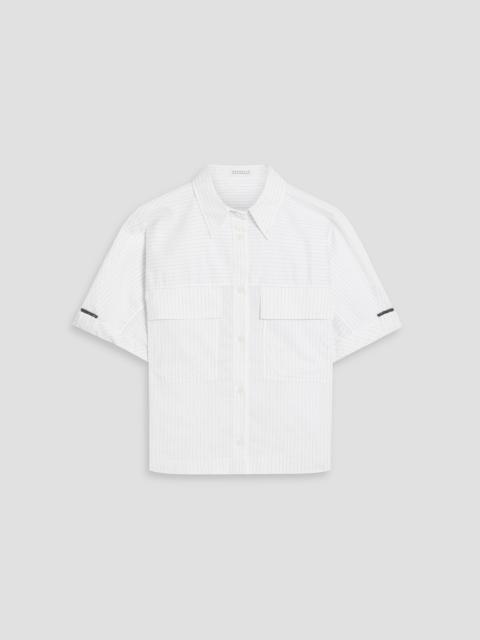 Brunello Cucinelli Bead-embellished cropped pinstriped cotton and silk-blend shirt