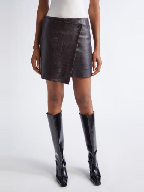 STAND STUDIO Stand Studio Raya Croc Embossed Leather Wrap Miniskirt in Espresso at Nordstrom