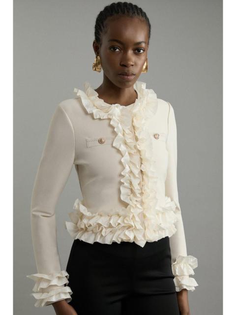 KAREN MILLEN Figure Form Bandage Knit Jacket With Woven Ruffle Trim