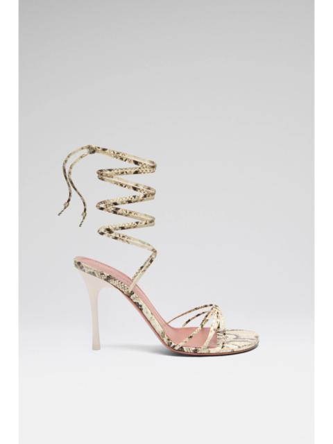 Amina Muaddi LORI LACE UP SANDAL 95 SHINY SNAKESKIN PRINT LEATHER AND IVORY LACQUERED HEEL