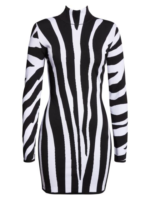 Balmain Balmain Long Sleeve Zebra Intarsia Mini Sweater Dress in Eab Blk/White at Nordstrom