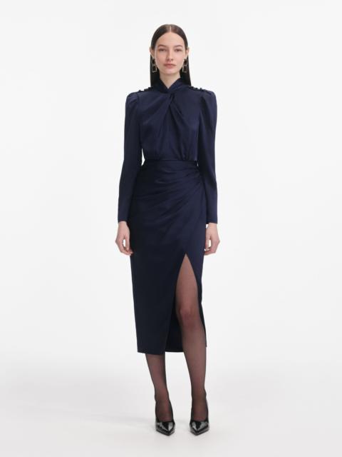 self-portrait Navy Satin Midi Dress