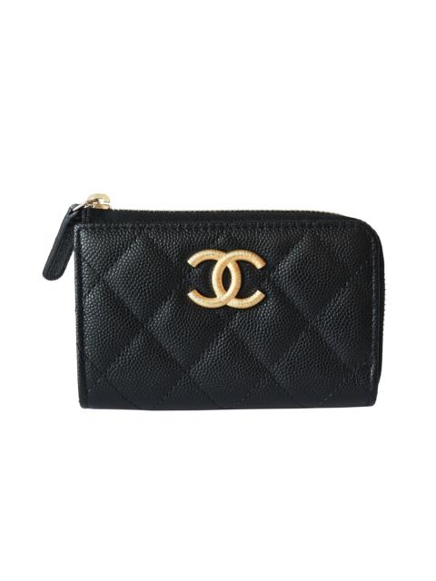 CHANEL Chanel Gold CC Logo Zipped Key Holder Case Wallet Black