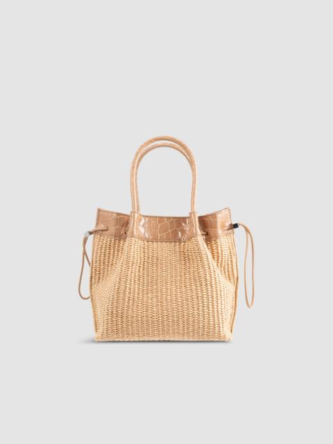 BY FAR Baby Kayla Natural Raffia and Croco Embossed Leather Top-Handle Bag