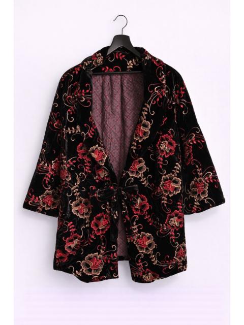 Other Designers Vintage Embroidered Velvet Robe Jacket Black Red Floral