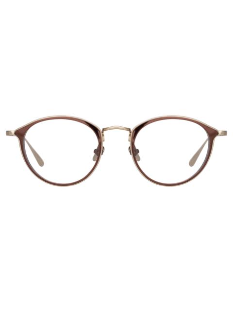 LINDA FARROW LUIS OVAL OPTICAL FRAME IN LIGHT GOLD AND BROWN