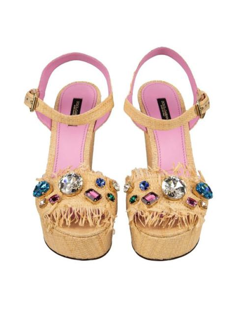 Dolce & Gabbana Woven Straw Crystal Plateau Sandals Pumps BIANCA Beige 12490