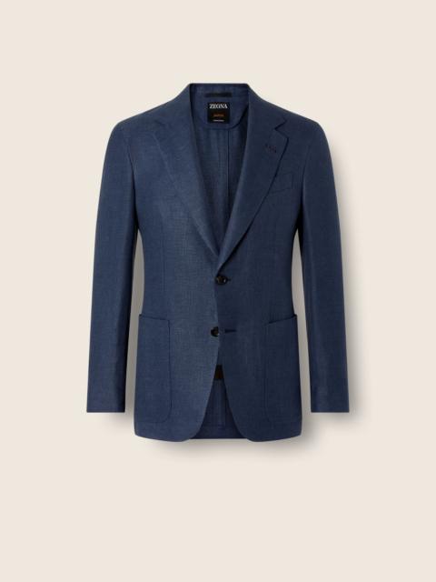 ZEGNA DARK BLUE CROSSOVER LINEN WOOL AND SILK JACKET