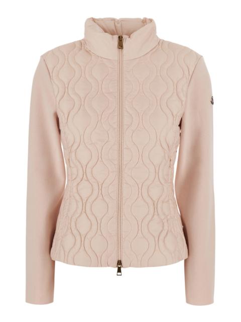 Moncler Moncler Women Pink Cardigan With Quilted Design On The Front And Logo Patch On The Sleeve In Tech Fa