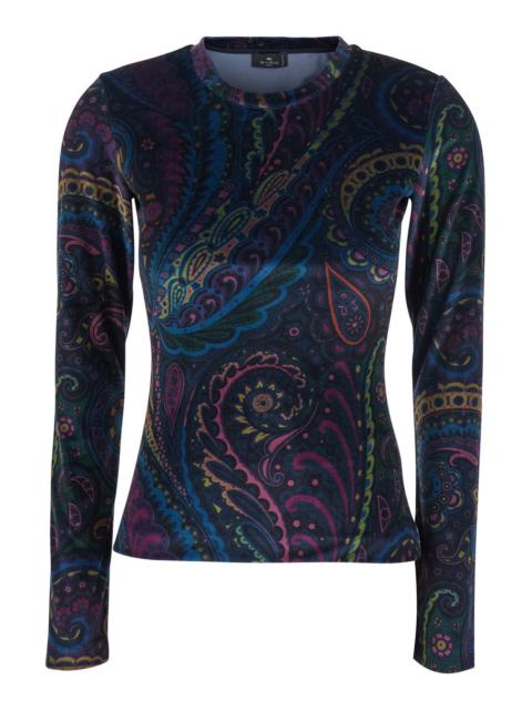 Etro Etro Women Blue Long-Sleeve T-Shirt With Round Neck And All-Over Paisley Print In Velvet Woman
