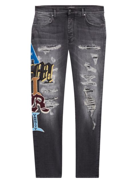 AMIRI AMIRI Varsity Patch Rip & Repair Skinny Jeans in Black Sand at Nordstrom
