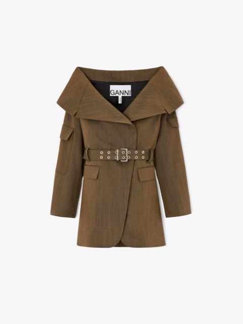 GANNI BLAZER IN BROWN WOOL MELANGE