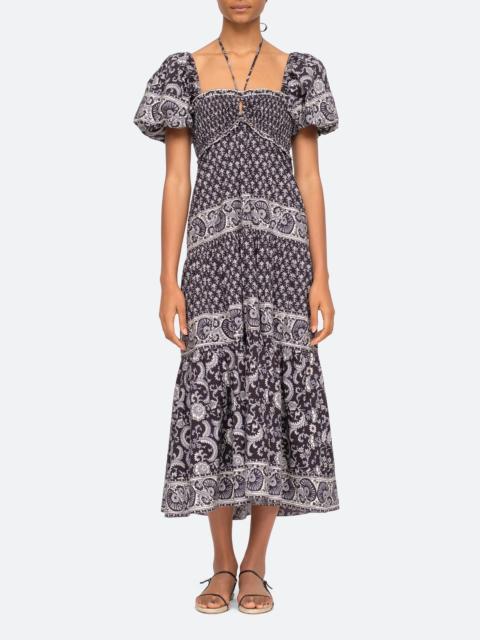 Sea Jasper Border Puff-Sleeve Cotton Midi Dress print