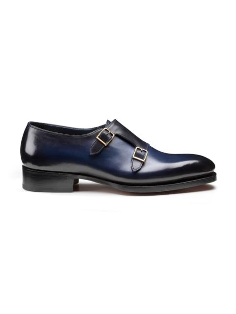 Santoni Men's blue leather Uniqua Meraviglia Collection double-buckle shoe