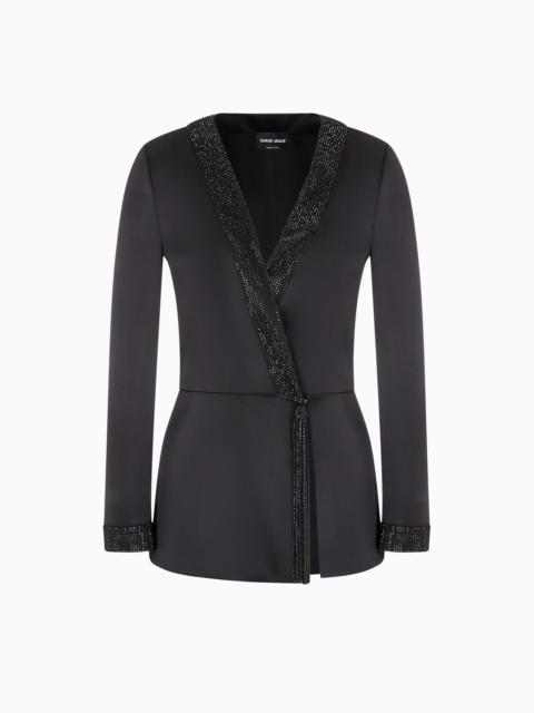 GIORGIO ARMANI LONG SATIN JACKET WITH RHINESTONE AND CRYSTAL TRIM