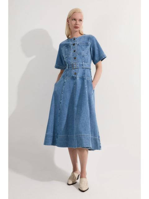KAREN MILLEN Petite Denim Soft Wash Short Sleeve Belted Midi Dress