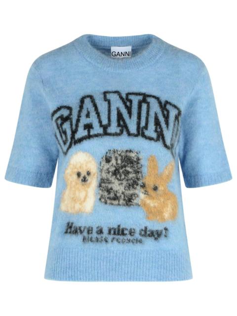GANNI Ganni Alpaca Blend Sweater With Light Blue 'Animalier' Pattern Women