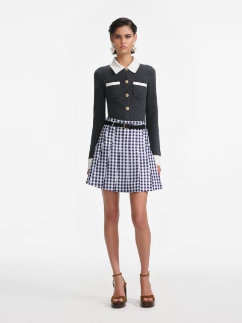 self-portrait Navy Gingham Pleated Taffeta Mini Skirt
