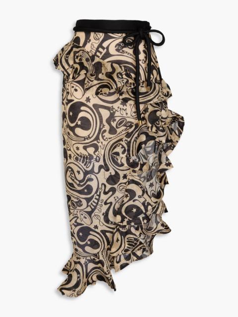 Zimmermann Ruffled printed linen and silk-blend maxi skirt