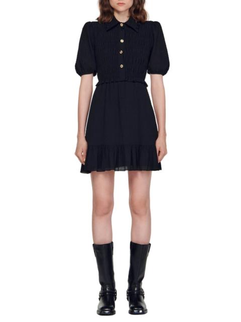 Sandro SANDRO Smocked Puff Sleeve Minidress in Black at Nordstrom