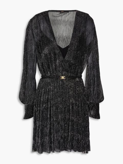 maje Wrap-effect belted metallic knitted mini dress