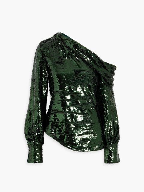 SIMKHAI Alice one-shoulder draped sequined tulle top