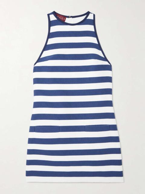 Striped embossed cotton-blend twill mini dress Blue